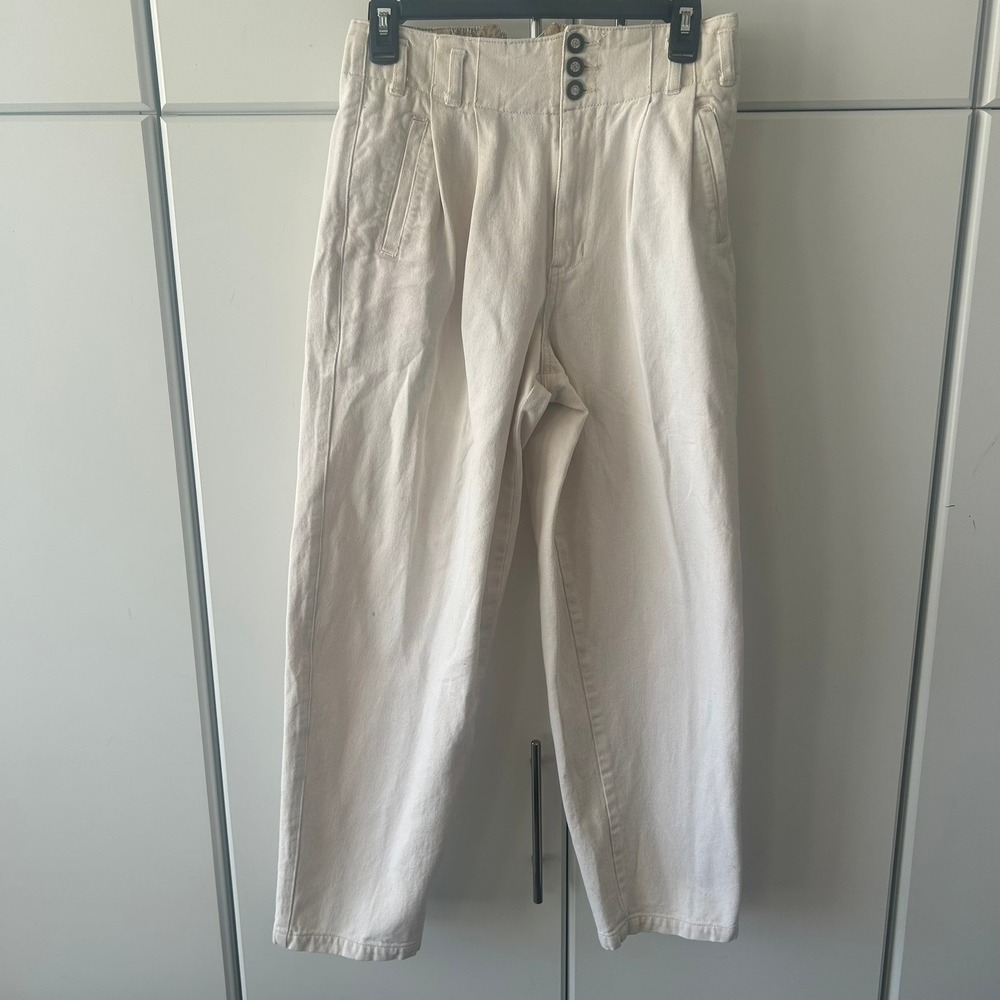 Vintage Ascente Cream Cotton High Waisted Pleated Tapered Pants Womens 6 28x24